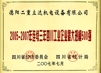 2005-2007年連續(xù)三年四川工業(yè)最大規(guī)模500強(qiáng)
